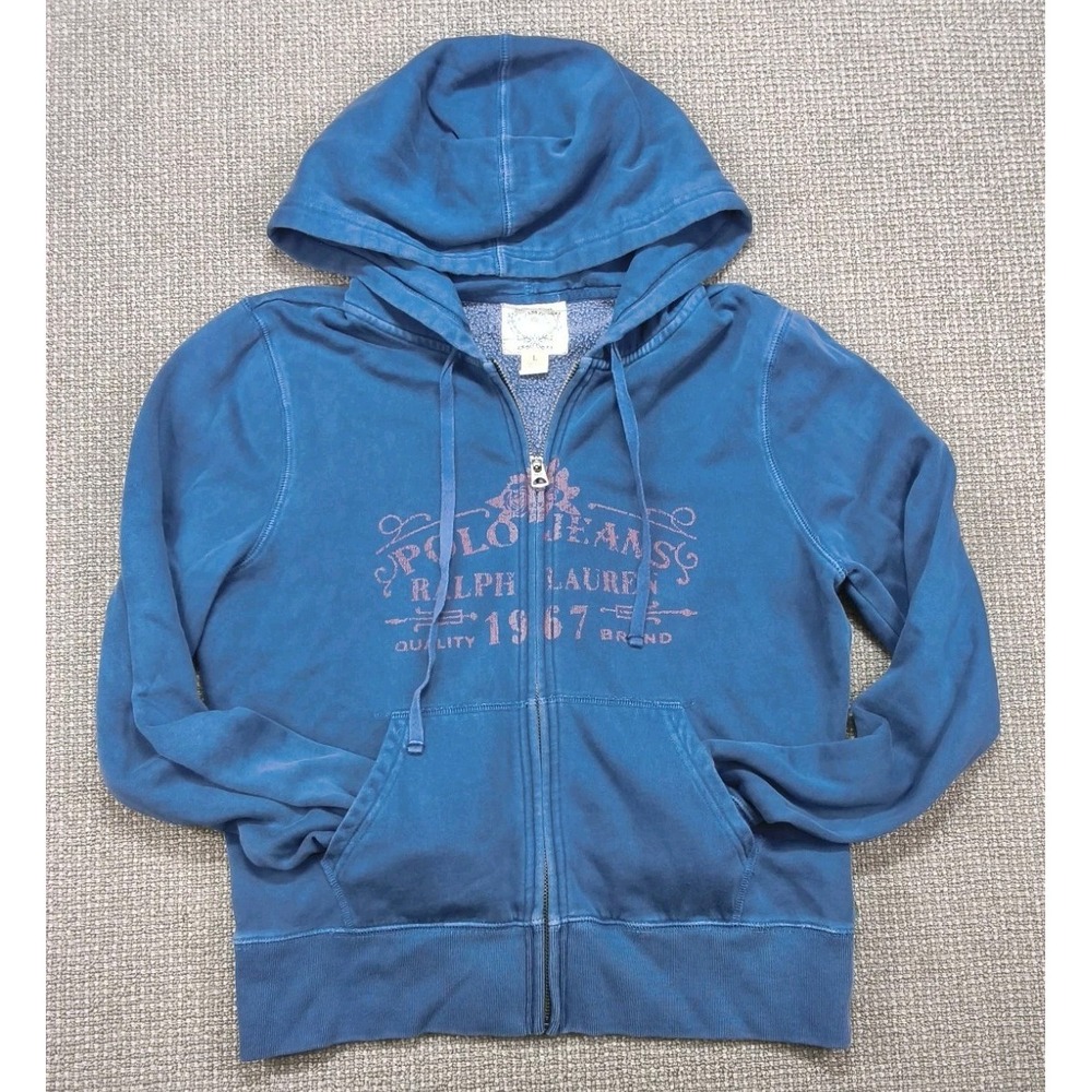 Vintage Polo Jeans Co Ralph Lauren Blue Full-Zip Graphic Hoodie - Size L